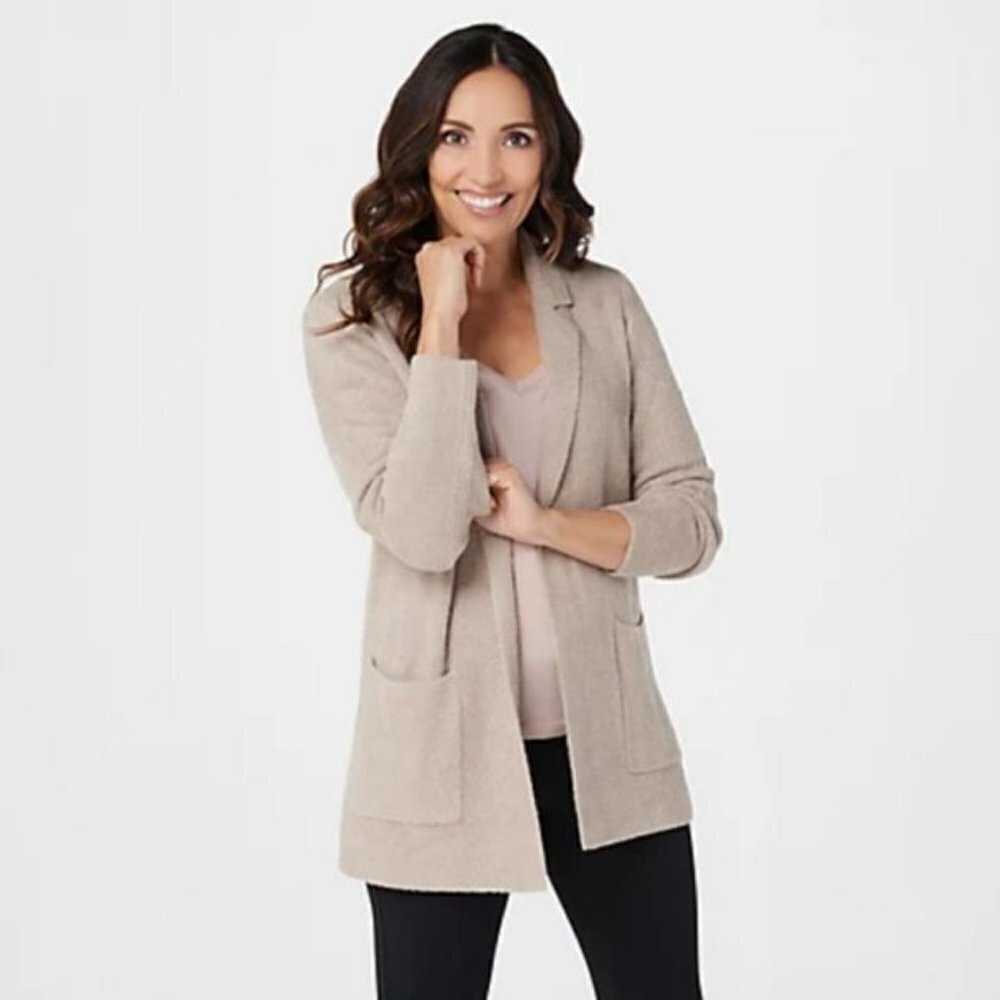💕BAREFOOT DREAMS CozyChic Lite Double Knit Notch Collar Cardigan Bisque L NWT
